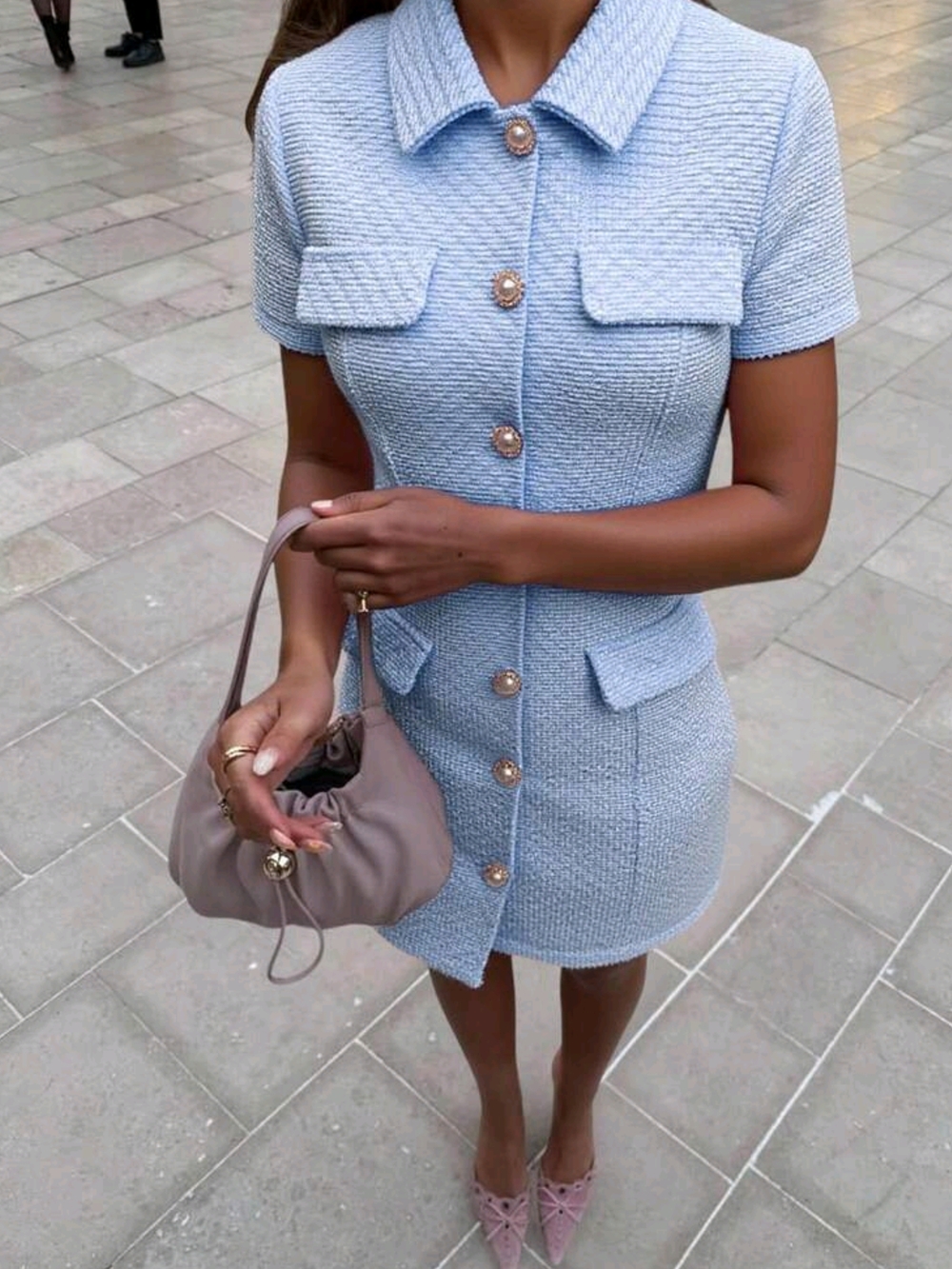 Light Blue Textured Short-Sleeve Button Front Dress